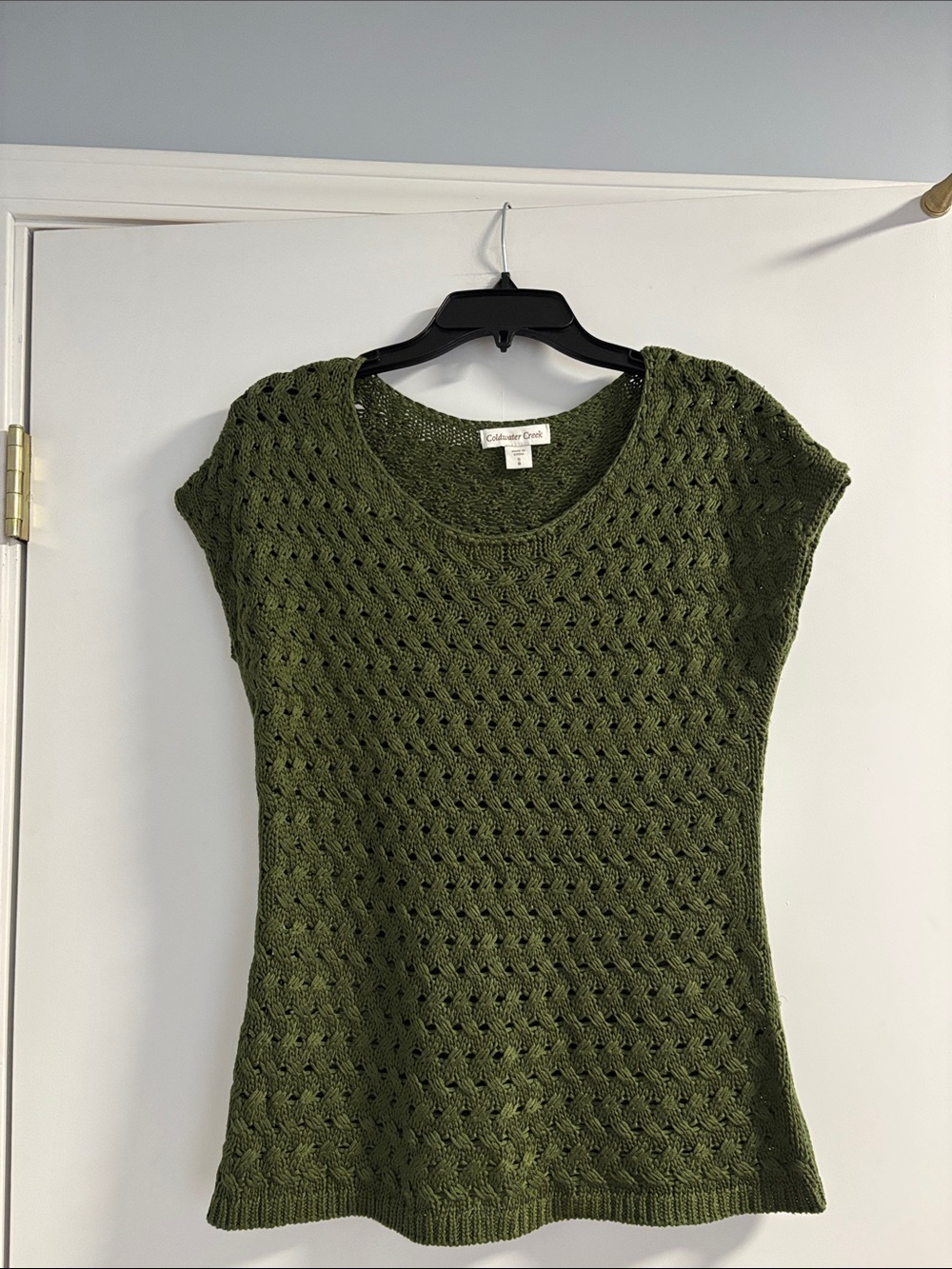 Coldwater Creek Olive Green Open Cable Knit Scoop Neck Sweater